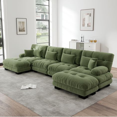 Canapé modulare in ciniglia verde con ottomane mobili, configurazione a U, angolare o lineare (1/5)