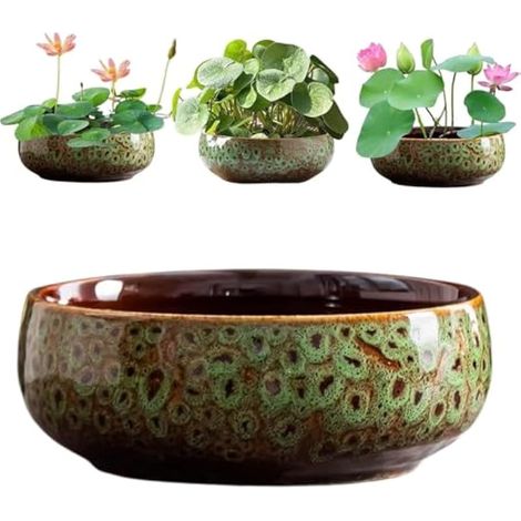 Lotus Bowl Pot de fleurs de lotus pour planter dans l'eau à l'intérieur, pots de fleurs succulentes, pots de fleurs en céramique pour plantes d'intérieur, design anti-fuite (vert) (1/5)