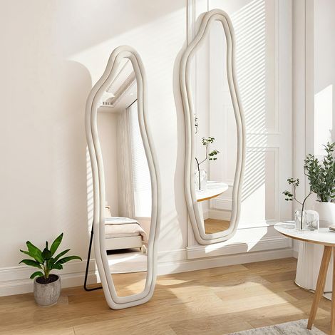 Miroirs pleine longueur 160 x 50 cm-Miroir de sol sur pied-Miroir forme dauphin-Miroir de Sol-Grand Miroir sur Pied-Velours blanc-Pour chambre à coucher, salon, entrée
