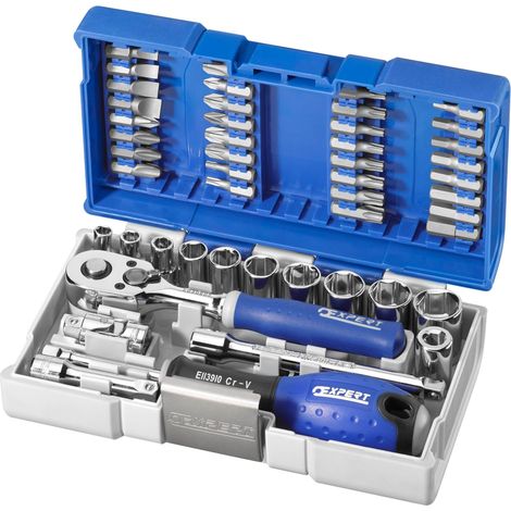 Expert – Coffret cliquet et douilles 1/4'' 48 pièces – E030729 – 10 douilles 1/4'' 6 pans – 32 embouts pour vissage rapide en série (1/4)