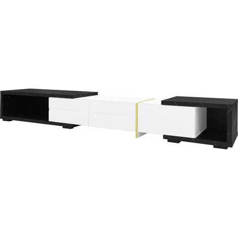 Mobile TV estensibile 140-260 cm effetto marmo nero, bianco e dettagli dorati (1/5)