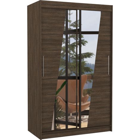 Petite armoire de chambre 2 portes coulissantes bois foncé et miroirs en diagonale Texano 120cm (1/5)