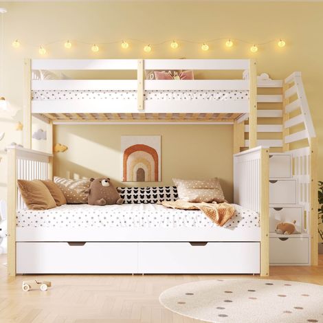 Lit superposés enfant multifonctionnel 90 x 200 cm avec deux tiroirs et escalier de rangement rambarde de sécurité blanc et naturel (1/5)