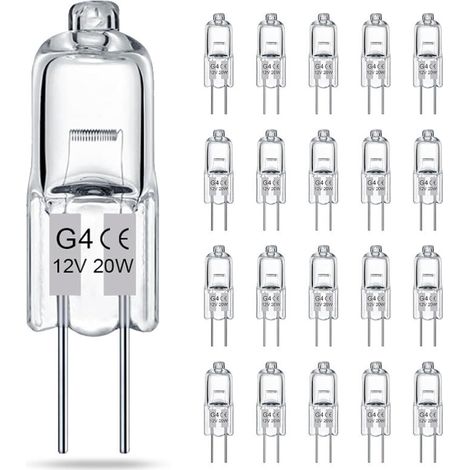 Lot de 20 ampoules halogènes transparentes G4, 12V 20W, culot à deux broches, pour lustres et éclairage d'armoire (1/5)