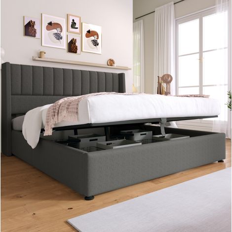 Cama canapé 160x200 cm de lino gris, cabecero acolchado, ahorra espacio, sin colchón – MEUBLIV (1/5)