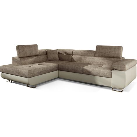 Canapé d'angle convertible simili cuir et tissu MARKA - Coffre et appuis-tête réglables angle gauche-Beige clair/Beige chiné-angle gauche (1/5)
