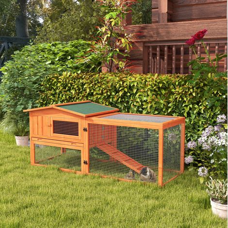 Conigliera in legno per piccoli animali con recinto e rampa, 156 x 58 x 68 cm arancione HAVRYA (1/4)