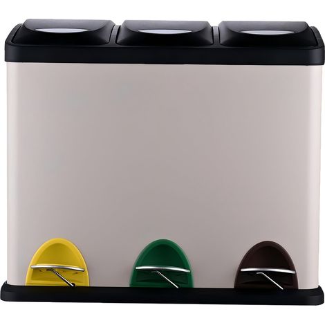 Cestino Relaxdays, 3 scomparti, 24 L, pedale, secchio interno, separatore rifiuti cucina, 39,5×46×26,5 cm, ferro beige