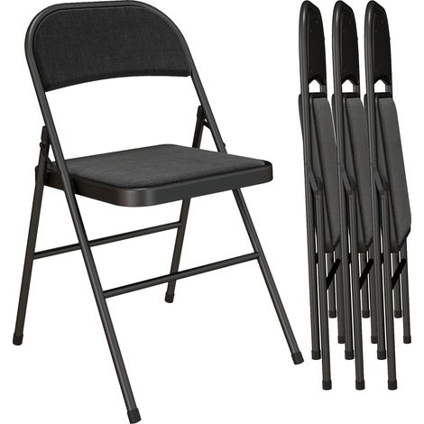 Ensemble de 4 chaises pliantes, chaises de bureau portables, pieds en métal, idéales pour le bureau, la réception ou la salle d'attente, aspect lin, noires.