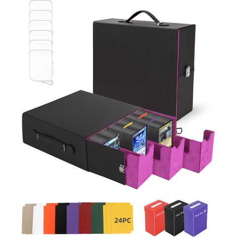 Deck box 2400+ Boîte à Cartes,Boîte de Rangement Cartes Similicuir PU - 3 Étuis PP, Poignée, 24 Intercalaires Colorées + 6 Séparateurs - Compatible MTG, Sports (1/5)