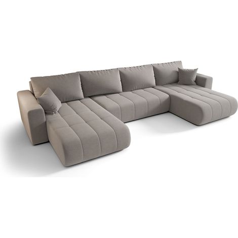 Canapé d’angle velours chenille panoramique convertible avec coffre SVEN-Beige foncé (1/4)