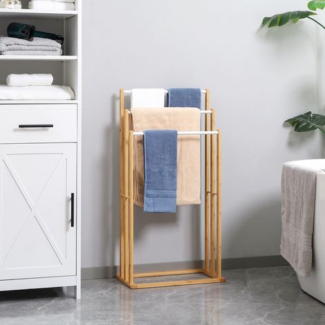 Portasciugamani autoportante in bambù con 3 barre, mensola di supporto per asciugamani da bagno - 48 x 25,8 x 94 cm