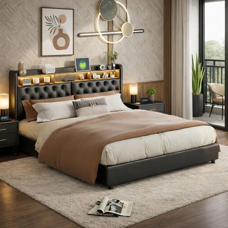 Lit capitonné 180x200 cm, lit double avec rangement et sommier à lattes, lit coffre avec LED et USB, cadre de lits pour adulte adolescent, PU, noir (1/5)