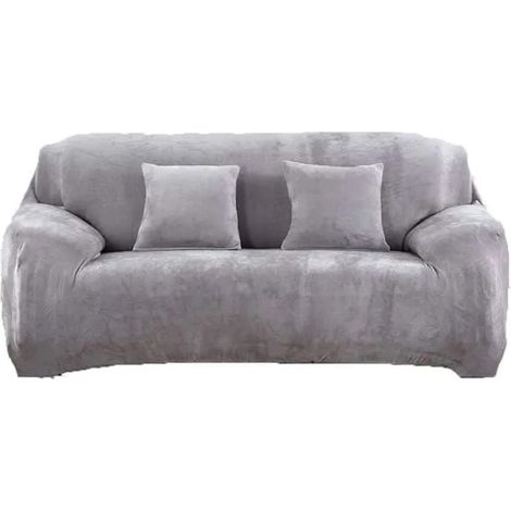 Housse de canapé - FOLAYA - Gris clair - 195-230 cm - Velours - Extensible (1/3)