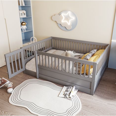 Letto bambini 140x200 cm con sponda di sicurezza e porta, grigio, materasso non incluso (1/5)