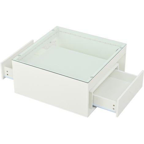 Weißer Couchtisch 70 x 70 x 35 cm aus MDF mit Tischplatte aus gehärtetem Glas, 2 Schubladen und LED (1/5)