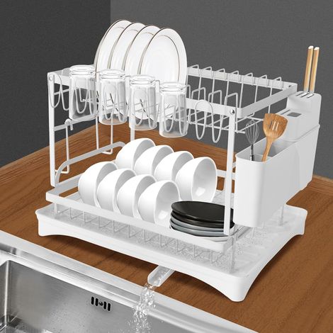 2-Stufiger Abtropfgestell Geschirr, Geschirrabtropfgestell mit Stäbchenhalter Messerregal Schneidebrettregal für Haushalten Milchteeläden Bars Cafés (Weiß) (1/5)