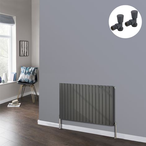 Flat Panel Designer Radiator Bathroom Central Heating Radiators Anthracite with Angled Manual Pair of Valves 600 x 1156mm Horizontal Single