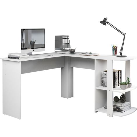 Bureau d’angle en L 140 cm avec 2 niveaux de rangement, plateau blanc, grand espace pour écran et imprimante, idéal bureau maison - CHICFURN (1/5)