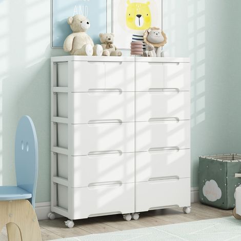 Meuble de Rangement sur Roulettes Commode Verticale à 5 Tiroirs Roulettes Universelles et Verrouillables Chariot de Rangement Blanc (1/2)