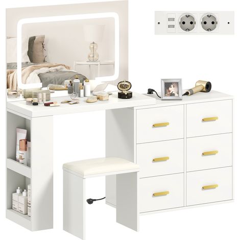 Tocador con espejo y taburete 118 x 78 x 135 cm iluminación led ajustable almacenamiento 6 cajones moderno y elegante en MDF blanco 210003730 (1/5)