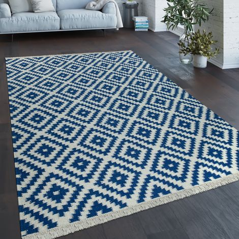 Paco Home Tapis Tissé Main Tendance Moderne Design Marocain Franges Bleu Blanc 200x300 cm