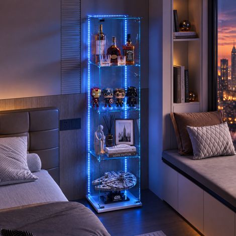 JOOKGBD–Vetrinetta in Vetro con LED,4 Ripiani in Vetro,1 Porta con Serratura,per Collezioni,Antipolvere,per Soggiorno,Camera da Letto,Ufficio,Bianco (1/5)