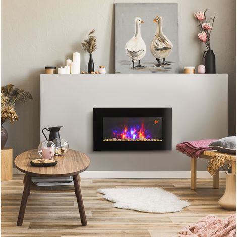 Elektrischer Wandkamin 1000/2000 W, LED-Flamme mit 7 Farben und Fernbedienung, Schwarz (1/5)