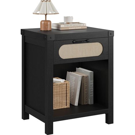 Boho Moderne – Table de Chevet en rotin Noir avec tiroir et étagère Ouverte – Mobilier d'accent Mid-Century – Pratique pour Chambre, Salon ou Hall – Facile à Monter (1/5)