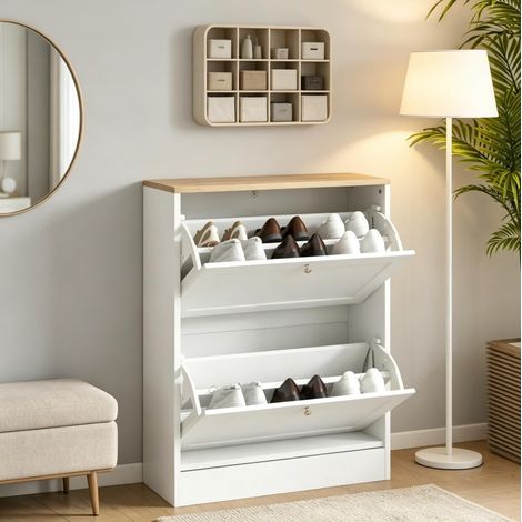 Schuhschrank 60×23,5×80 cm Weiß Spanplatte, 2 Klappen für den Flur – MEUBLIV (1/5)