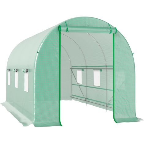 Serre tunnel 8 m², abri de jardin en tunnel avec porte et 6 ouvertures, bâche polyéthylène 140 g/m² 400x200x200 cm vert (1/5)