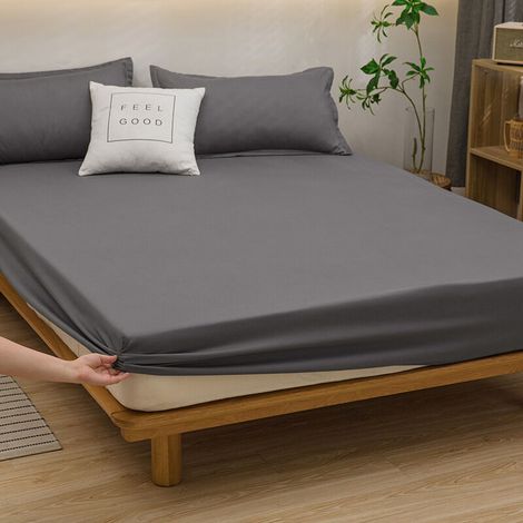 Drap de lit tout compris en coton lavé de couleur unie, protège-matelas antidérapant, housse anti-poussière, couvre-lit simple, taie d'oreiller (1/5)