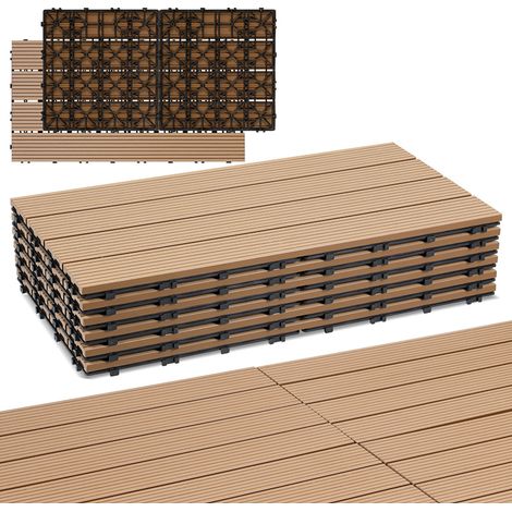 Randaco Lot de 12 WPC Dalles de terrasse 4 lattes 2m², 30 x 60 cm Teck, Dalles clipsables Composite bois