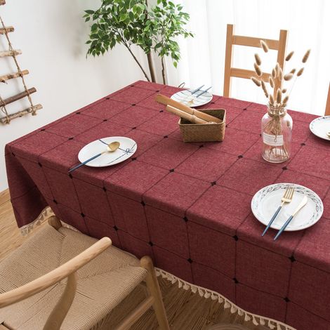 Nappe rectangulaire en coton et lin à pompons, décoration de table de cuisine moderne (carreaux rouges, 140200cm) (1/3)