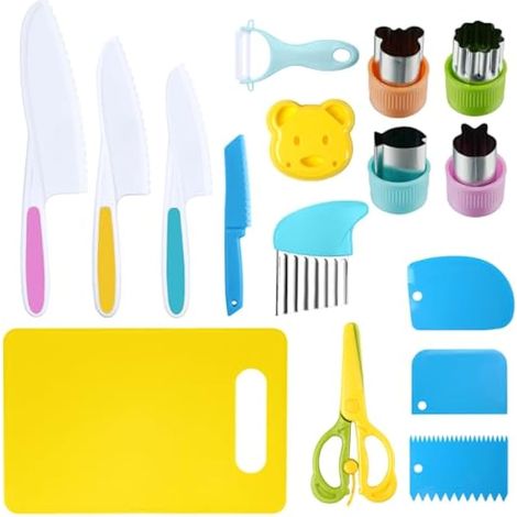 Lot de 16 couteaux de sécurité pour enfants, 4 tailles, couteaux en plastique pour cuisine réelle avec coupe-ondulé et éplucheur Y, pour légumes, fruits, salade, gâteau.