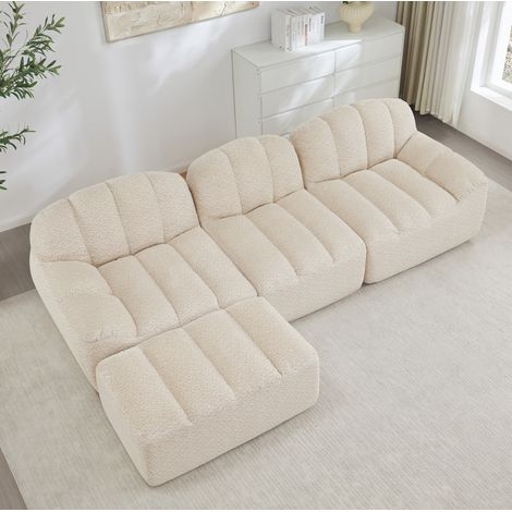 Divano angolare modulare 3 posti beige bianco in pile granulato con ottomano (1/5)