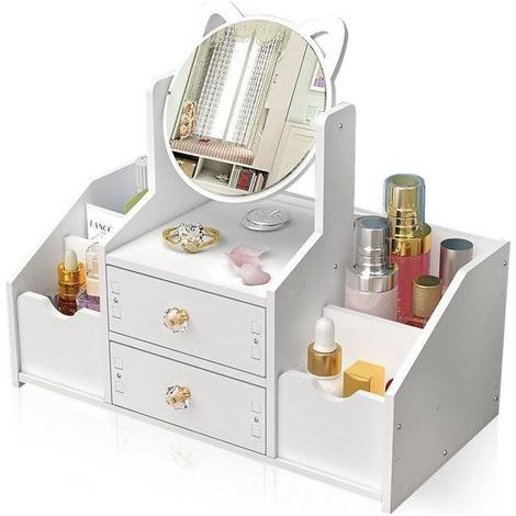 Organisateur de Maquillage, Rangement Cosmétiques,avec 2 Tiroirs et 4 Compartiments de Différentes Tailles,Organisateur Cosmétique,Avec Miroir de Maquillage étagère, pour Maquillage et Bijoux (1/4)