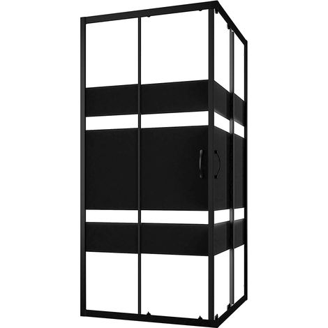 Cabine de douche coulissante 90x90 cm Profilés Aluminium Noir Verre 4 mm sérigraphié h185 - Mod. réversible Willis