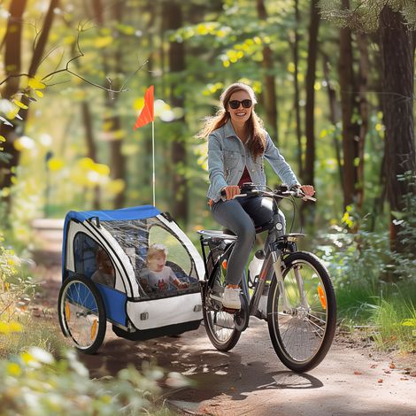Remorque à vélo enfants avec 2 places, 2 ceintures de sécurité, châssis en acier et couverture en tissu Oxford bleu