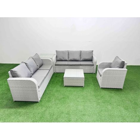 Fimous 7 Seater Poly Rattan Outdoor Garden Furniture Square Coffee Table Sofa Set Patio 3 Seater Sofa Reclining Chair 3 Seater Sofa Side Table Light Grey (1/4)