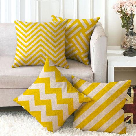 Lot de 4 housses de coussin, motif géométrique jaune, décoration géométrique, taie d'oreiller en lin, housse de coussin carrée décoration maison 45×45 cm (1/5)