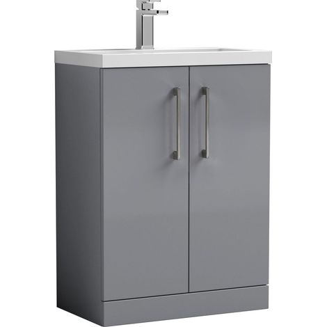 Balterley Bramshall Compact Bathroom Cloakroom Vanity Basin Unit with Polymarble Basin, Brushed Pewter Handles, 600mm, Satin Grey