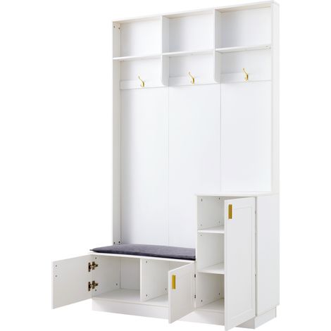Conjunto de recibidor con banco y zapatero 120 x 40 x 200 cm blanco con 3 ganchos (1/5)