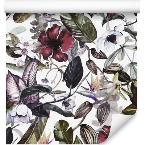 Papel pintado con estampado de hojas y flores tropicales para salón y dormitorio, 50x1000 cm. (1/5)