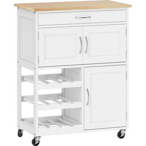 Desserte cuisine ranger 2 portes tiroir casier 9 bouteilles MDF blanc plateau bois caoutchouc (1/5)
