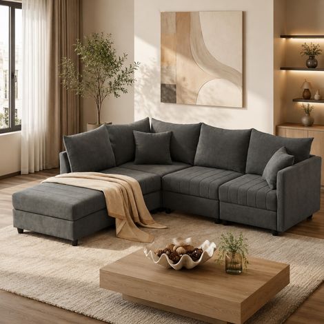 Divano angolare modulare 5 posti in tessuto cotone e lino grigio 220x194x85 cm con pouf trasformabile (1/5)