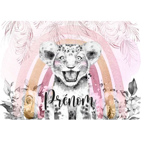 Papier peint panoramique enfant avec prénom personnalisable - Lion - 195 cm x 135 cm (1/2)