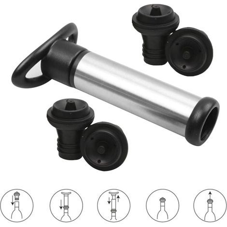 Pompe à vin Pompe à vide en acier inoxydableUtilisée pour la conservation du vin, la pompe à vin est utilisée pour éliminer l'air et la conservation du vin sous vide, avec 4 bouchons (1/4)