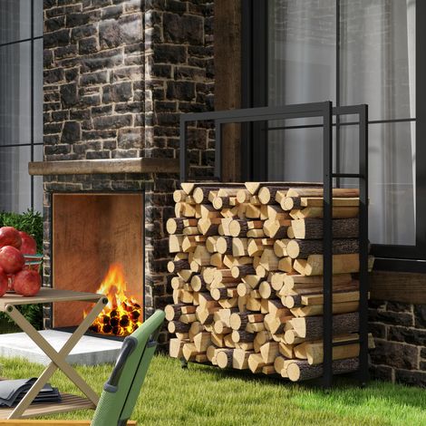 Range-bûches intérieur et extérieur sur roulettes, abri à bûches en acier d'une capacité de 0,43 m³, 120 x 32 x 151 cm, noir (1/5)