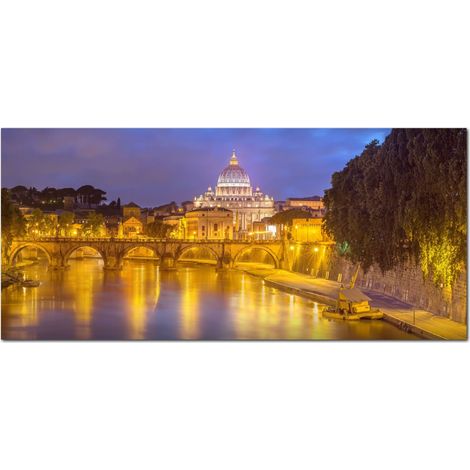 Lupia - Quadro moderno su Tela Canvas DEEP 65X143 cm, con paesaggi e localismi italiani, per casa, soggiorno, capezzale camera da letto, hotel, ufficio, ROMA - SAN PIETRO DAL TEVERE NIGHT (1/4)
